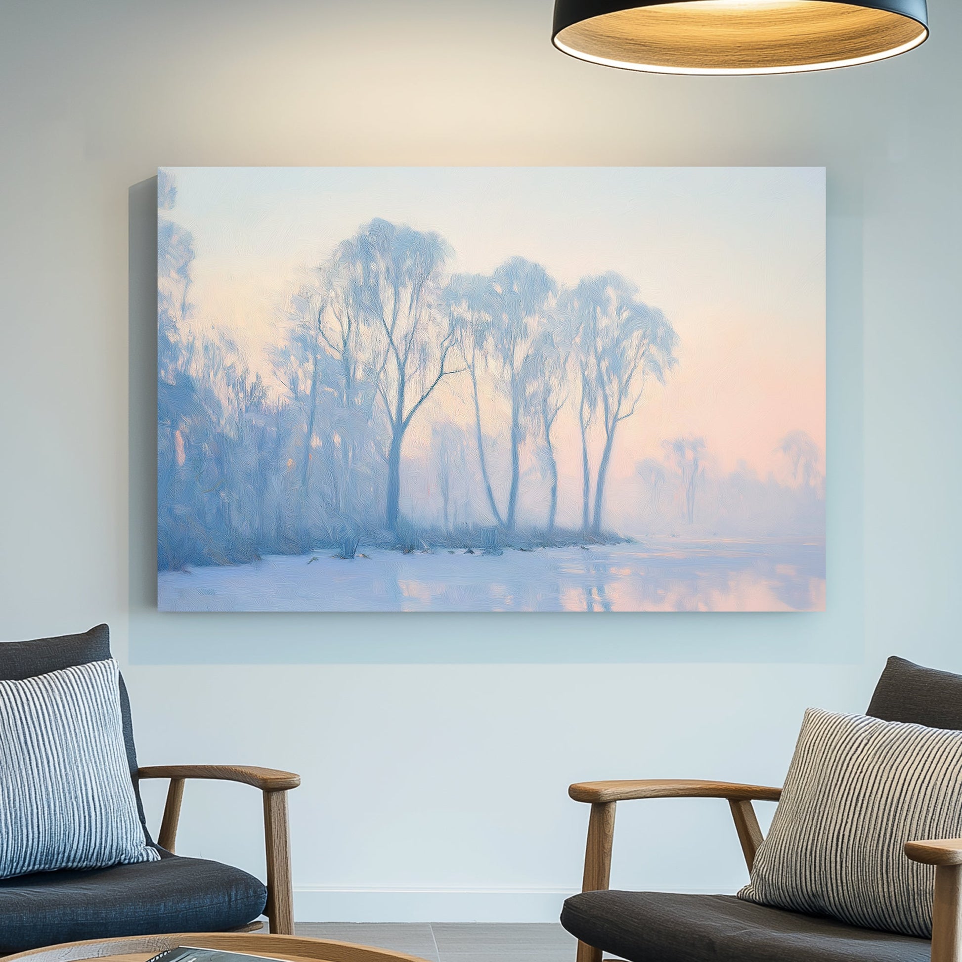 Winter landscape with frosty trees and frozen lake in pastel hues
