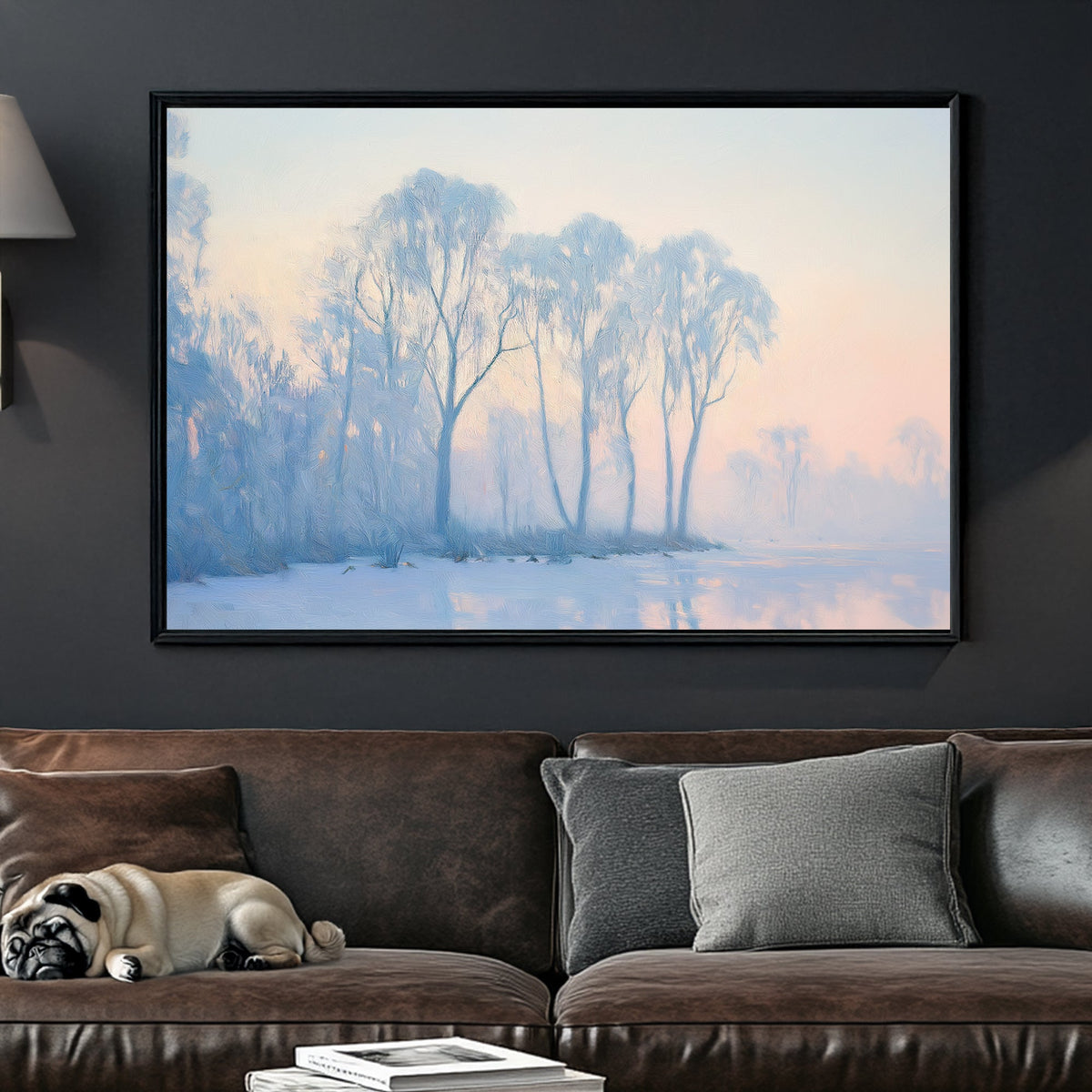 Winter landscape with frosty trees and frozen lake in pastel hues