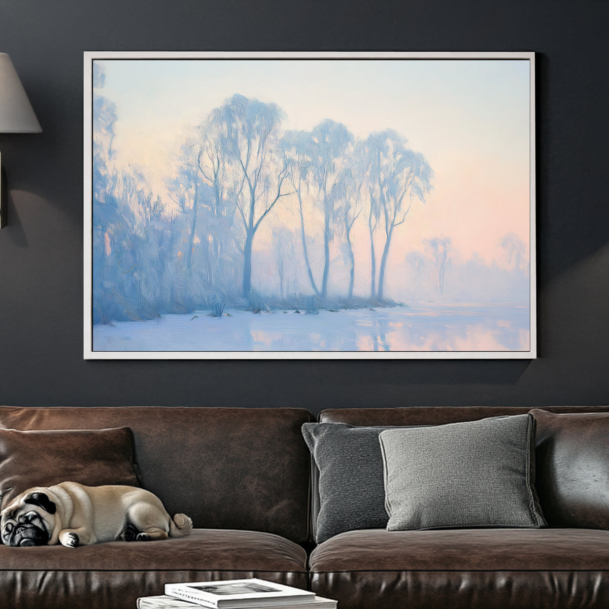 Winter landscape with frosty trees and frozen lake in pastel hues