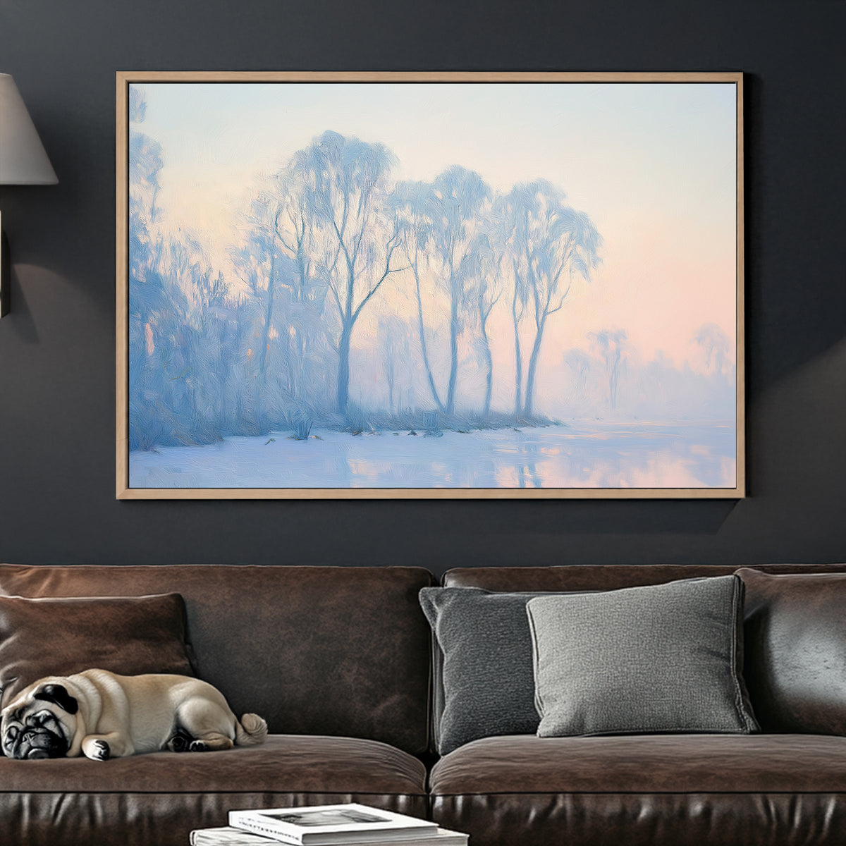 Winter landscape with frosty trees and frozen lake in pastel hues