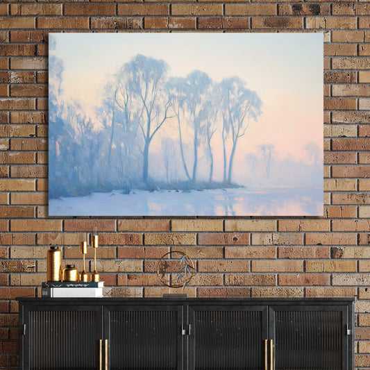 Winter landscape with frosty trees and frozen lake in pastel hues