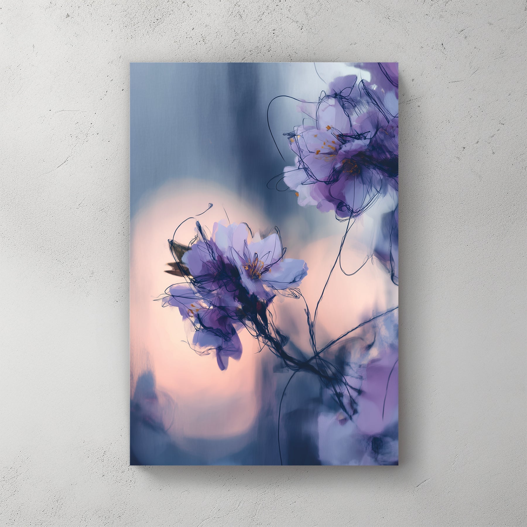 Soft-focus purple flowers with inky outlines on a muted twilight background