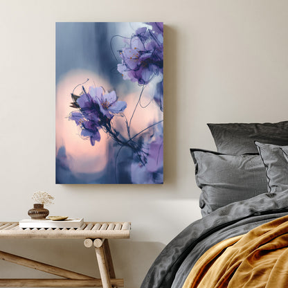 Soft-focus purple flowers with inky outlines on a muted twilight background