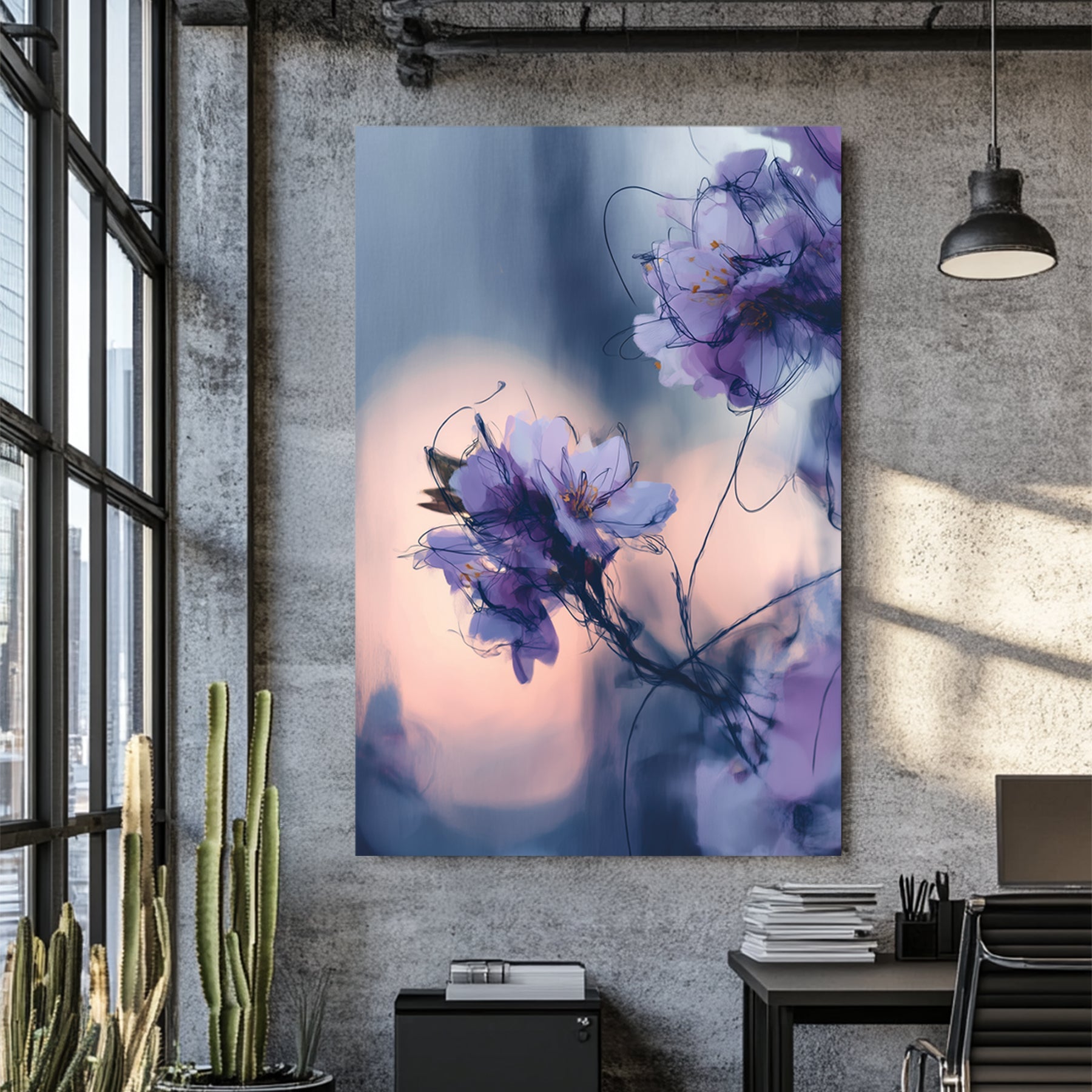 Soft-focus purple flowers with inky outlines on a muted twilight background