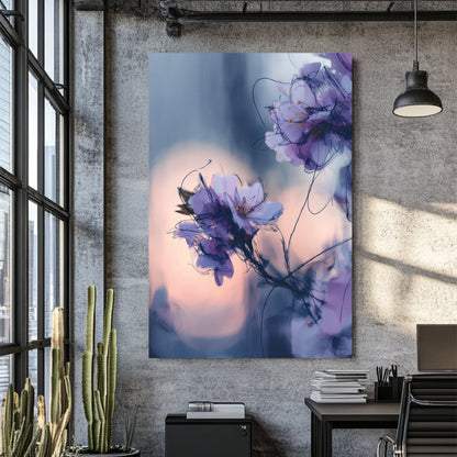 Soft-focus purple flowers with inky outlines on a muted twilight background
