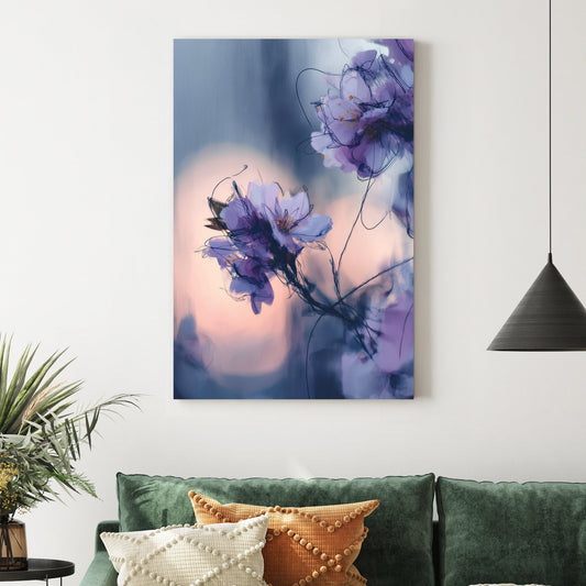 Soft-focus purple flowers with inky outlines on a muted twilight background