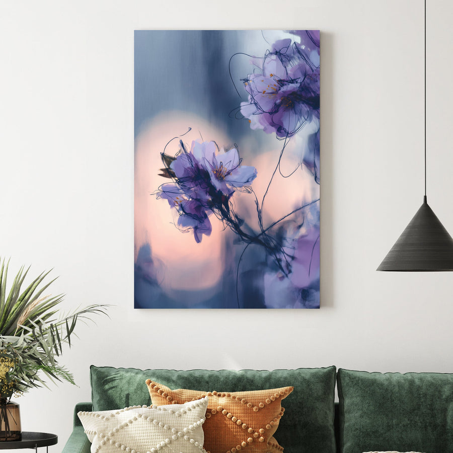 Soft-focus purple flowers with inky outlines on a muted twilight background