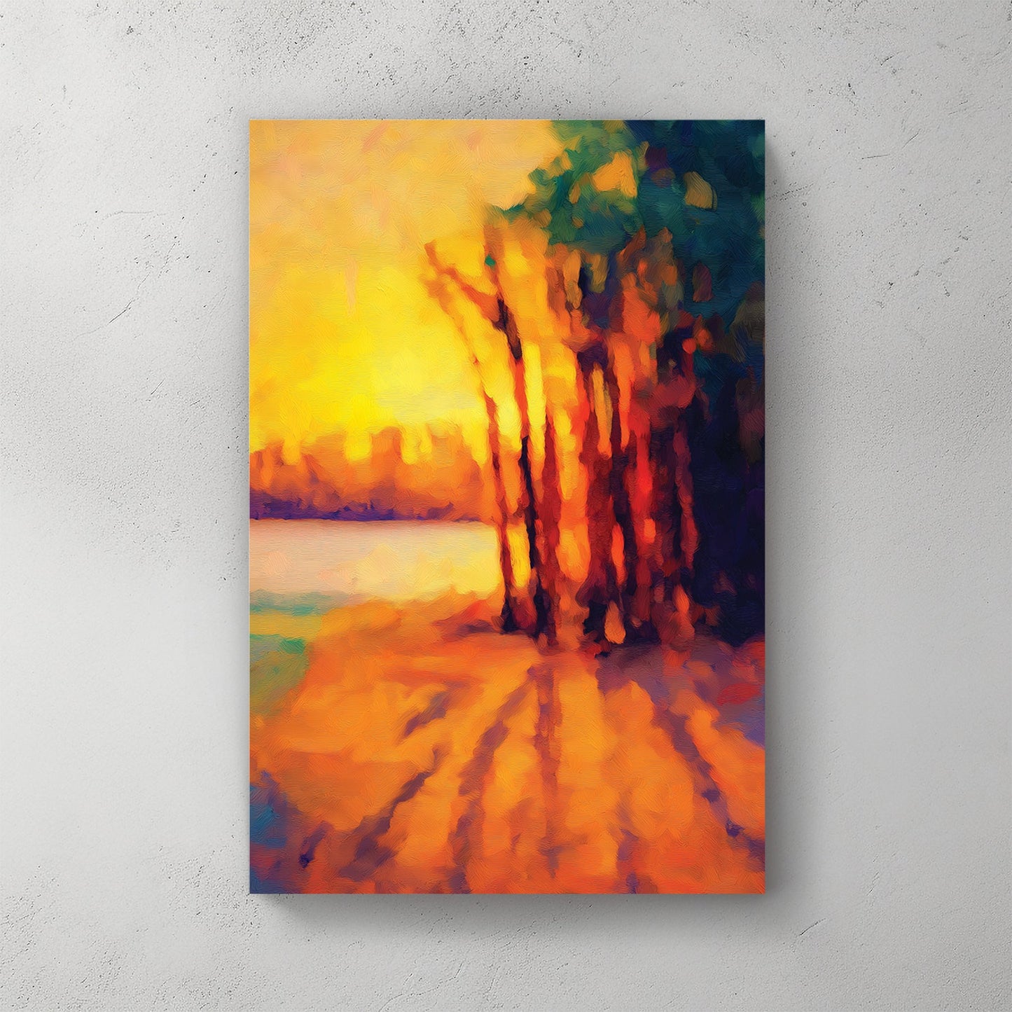 Impressionist sunset painting with vivid orange shadows and tall trees by water