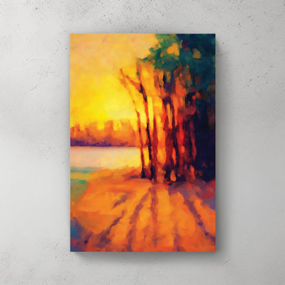 Impressionist sunset painting with vivid orange shadows and tall trees by water