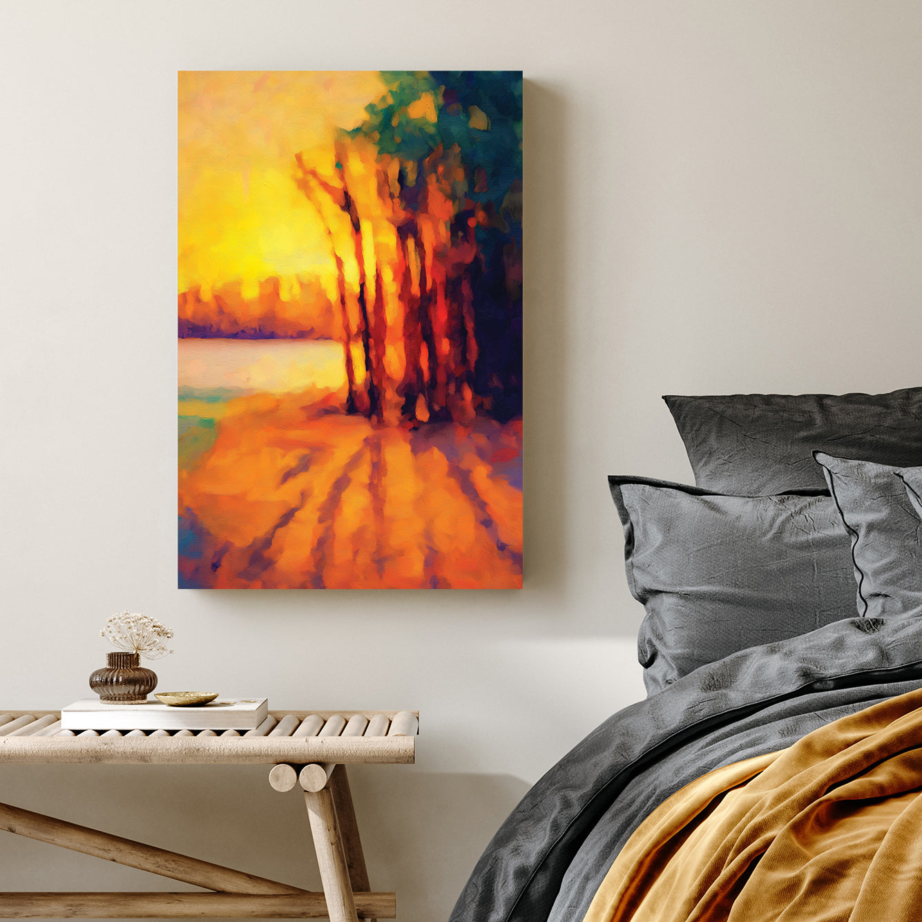 Impressionist sunset painting with vivid orange shadows and tall trees by water