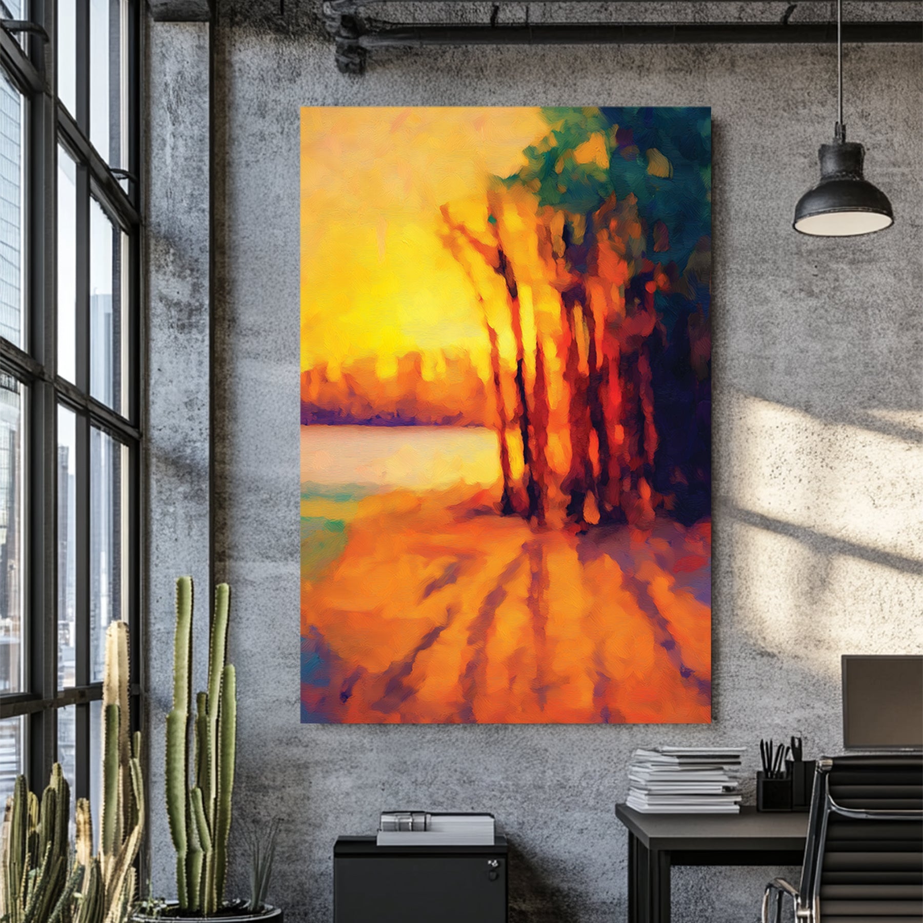 Impressionist sunset painting with vivid orange shadows and tall trees by water