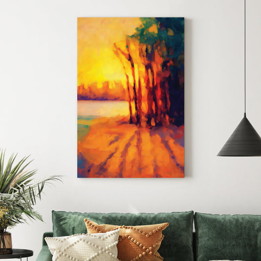 Impressionist sunset painting with vivid orange shadows and tall trees by water