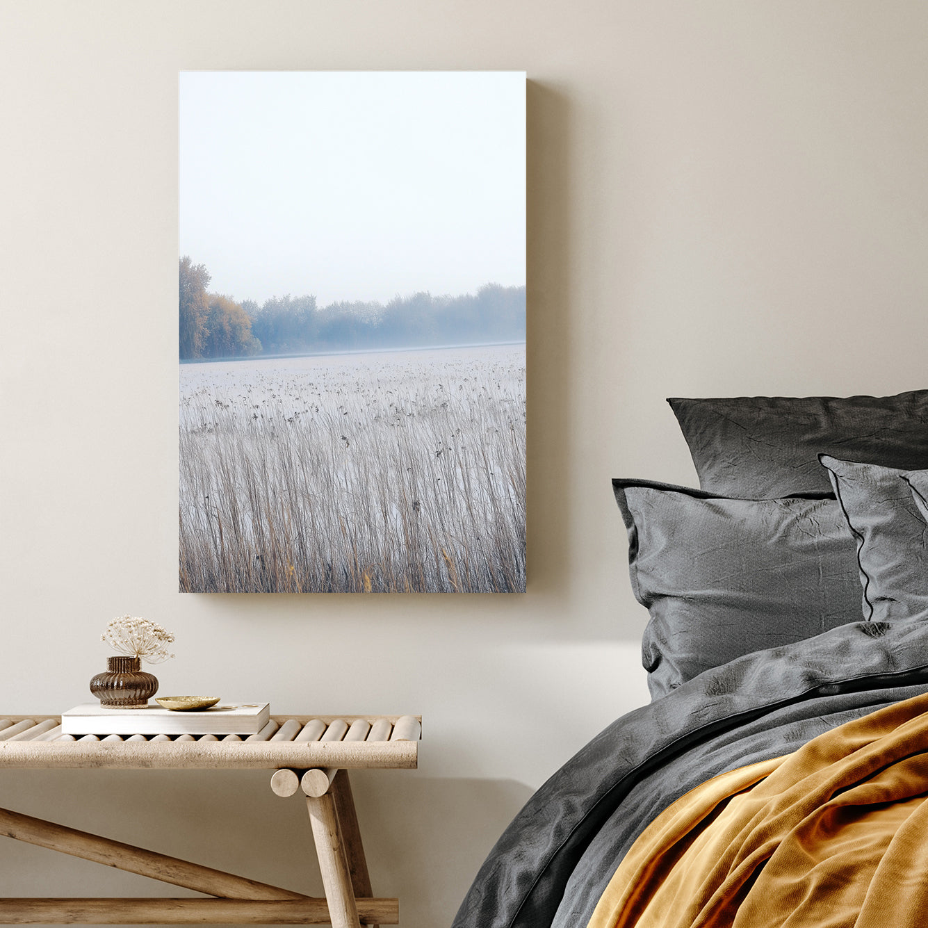 foggy winter field with dry reeds and tree line in minimal wall art style