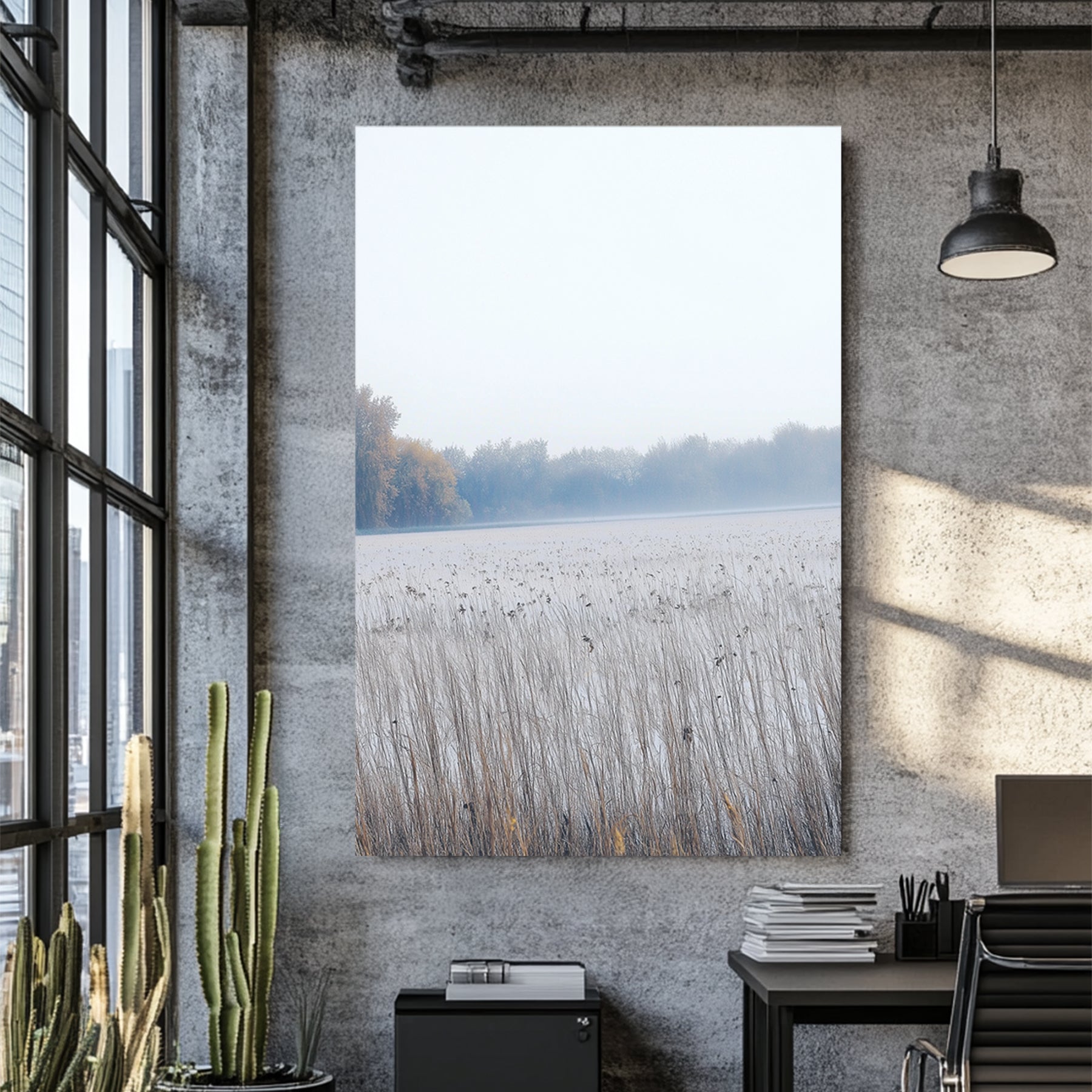 foggy winter field with dry reeds and tree line in minimal wall art style