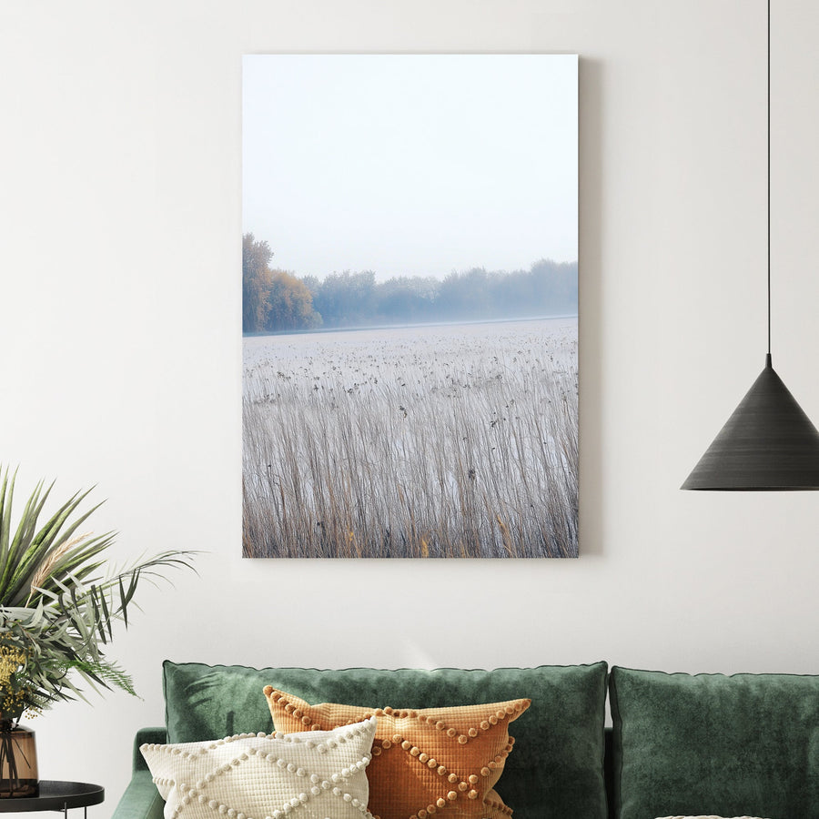 foggy winter field with dry reeds and tree line in minimal wall art style