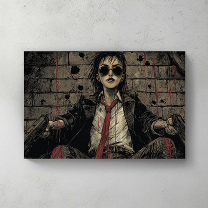 edgy illustrated wall art of defiant woman in bloodied suit with two pistols