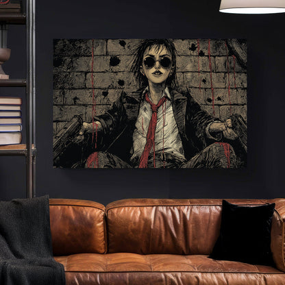 edgy illustrated wall art of defiant woman in bloodied suit with two pistols