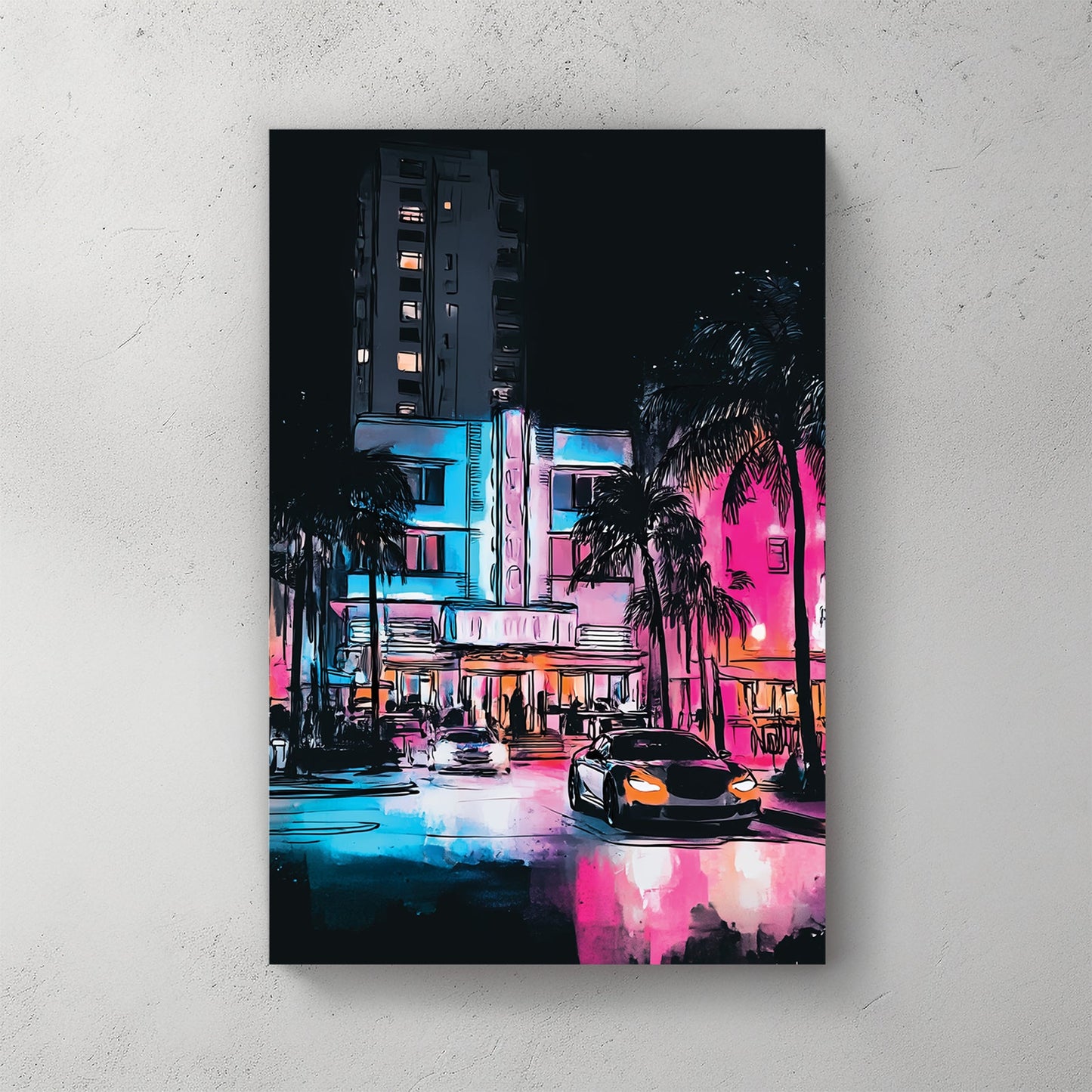 neon miami street scene wall art with palm trees, sports cars, and nightlife glow