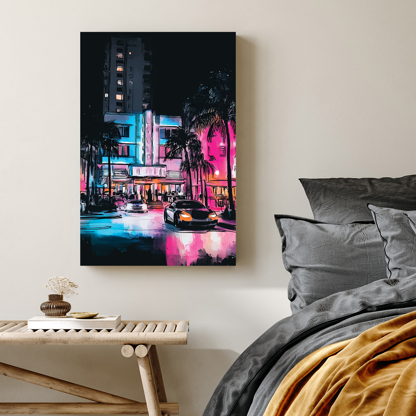neon miami street scene wall art with palm trees, sports cars, and nightlife glow