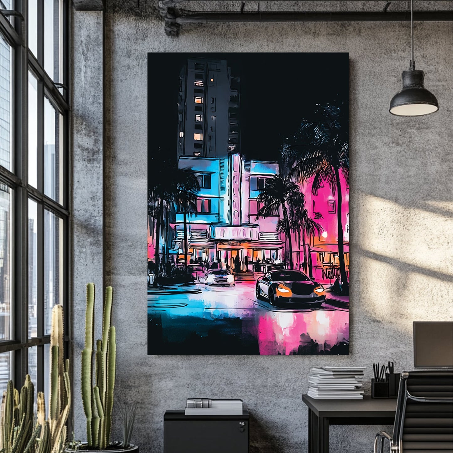 neon miami street scene wall art with palm trees, sports cars, and nightlife glow