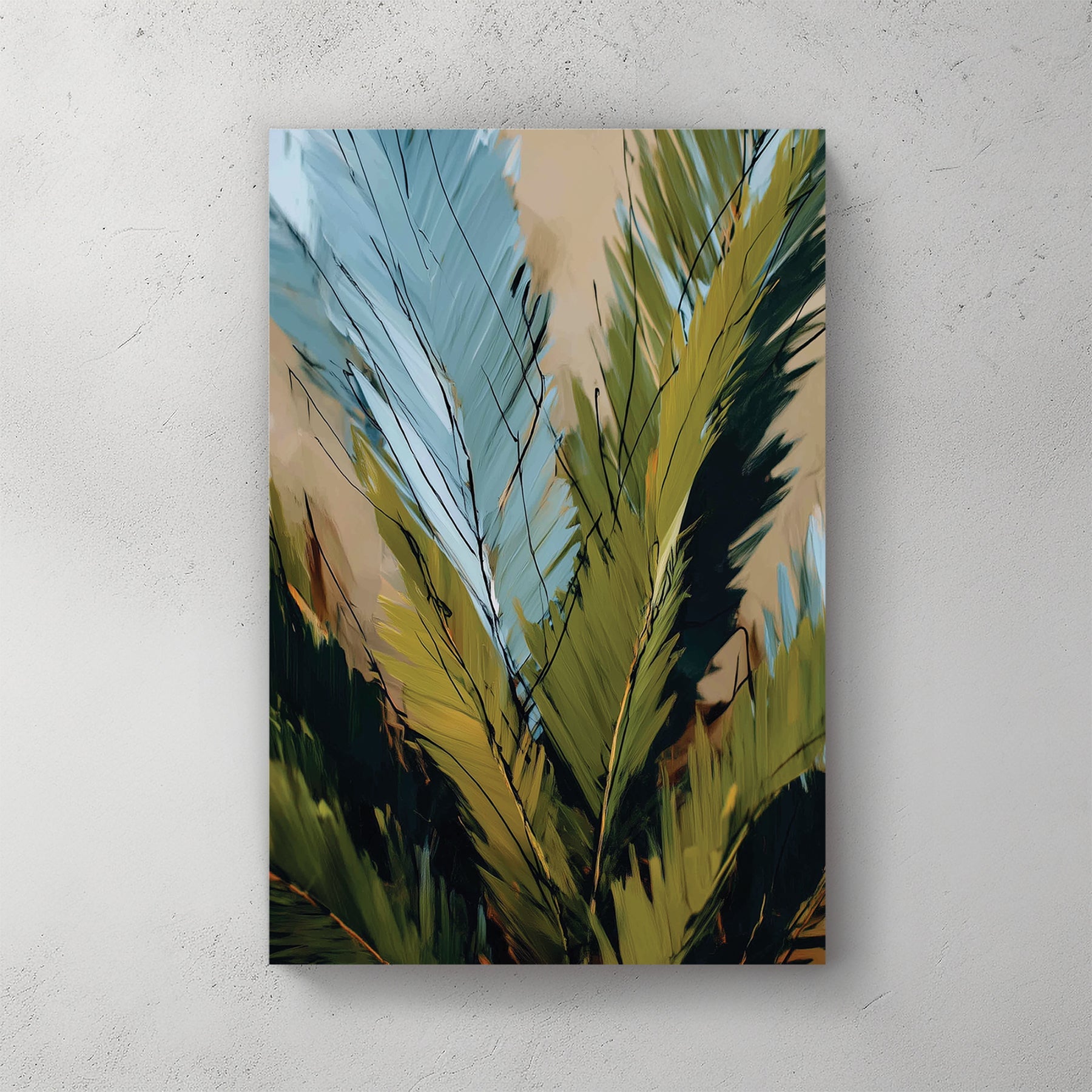 abstract tropical leaves wall art with green and blue brush strokes