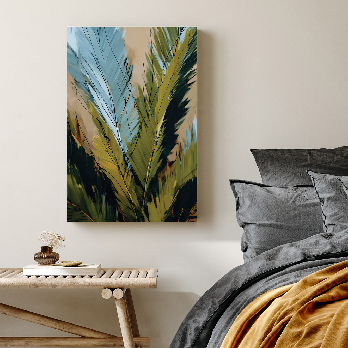 abstract tropical leaves wall art with green and blue brush strokes