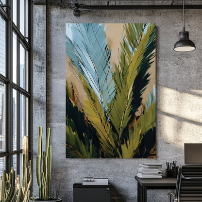 abstract tropical leaves wall art with green and blue brush strokes