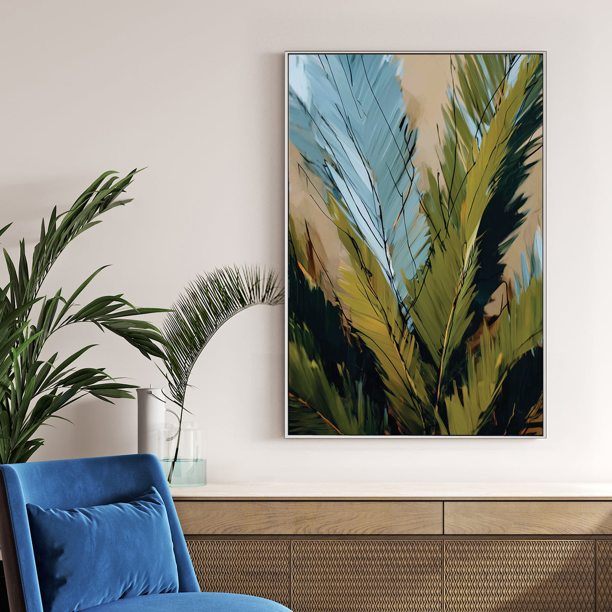 abstract tropical leaves wall art with green and blue brush strokes