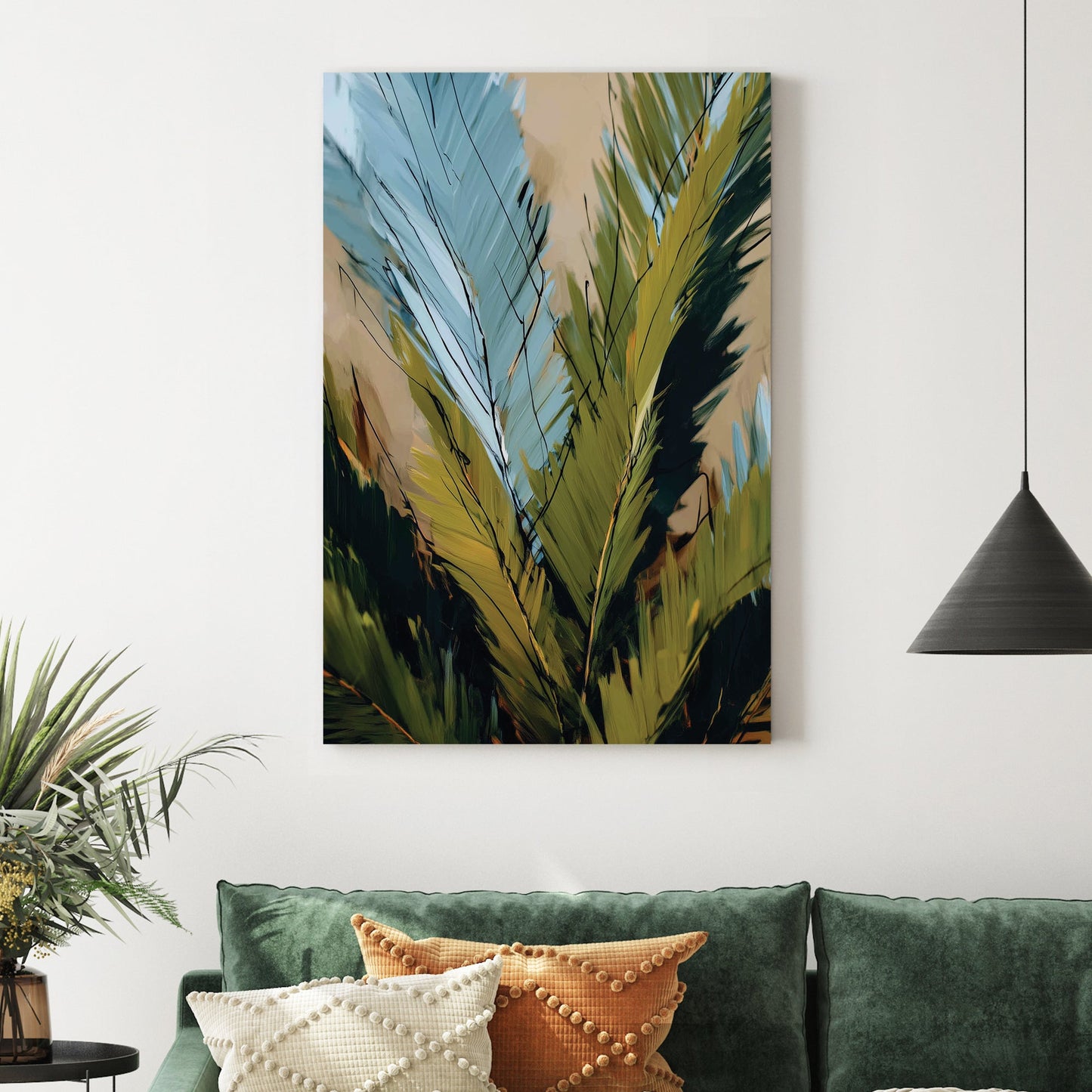abstract tropical leaves wall art with green and blue brush strokes