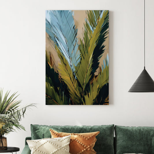 abstract tropical leaves wall art with green and blue brush strokes