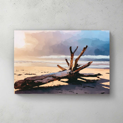 driftwood on beach at sunset wall art with stormy sky and ocean background