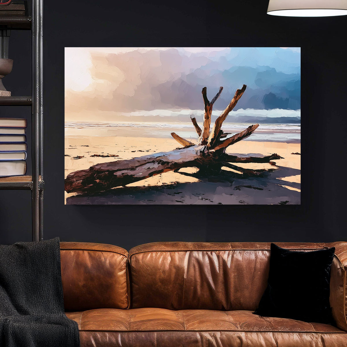 driftwood on beach at sunset wall art with stormy sky and ocean background