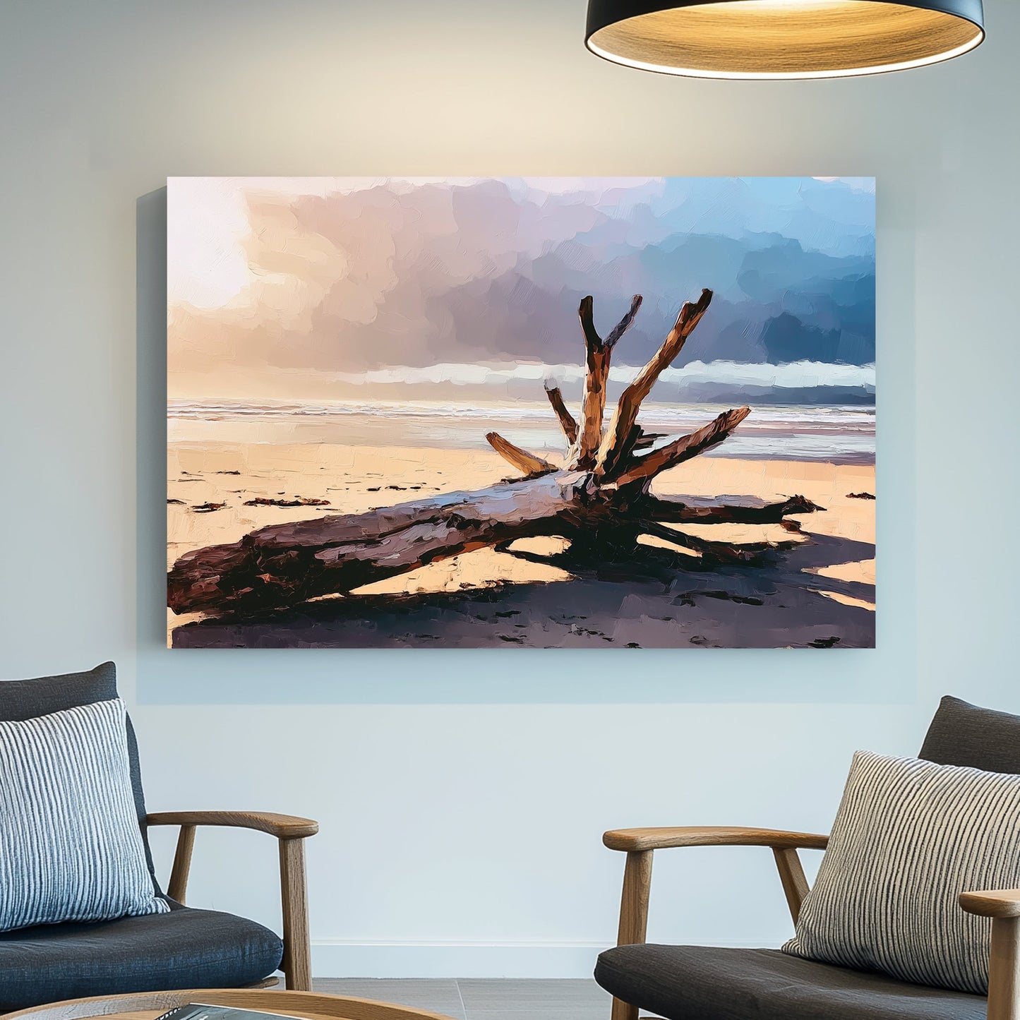 driftwood on beach at sunset wall art with stormy sky and ocean background