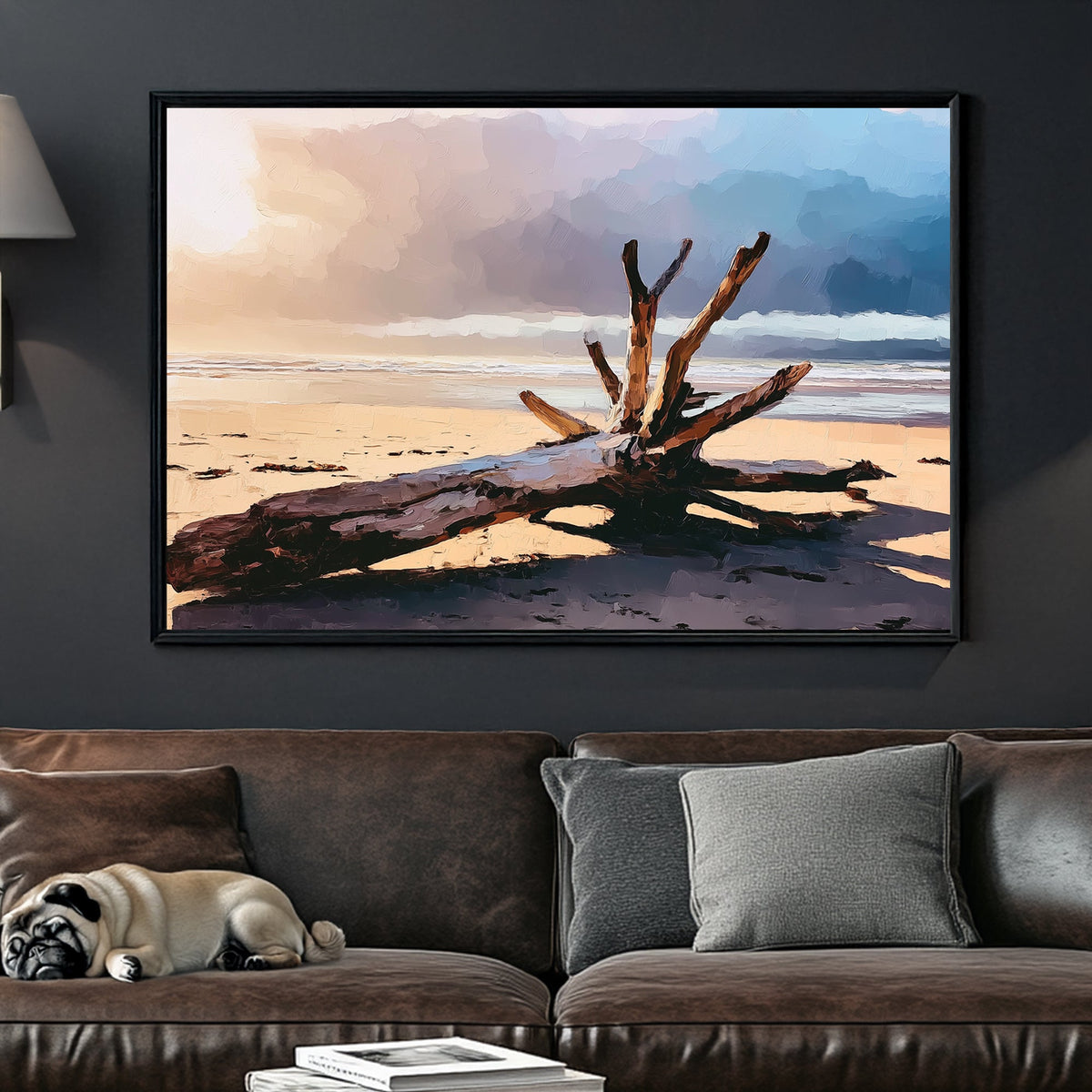 driftwood on beach at sunset wall art with stormy sky and ocean background