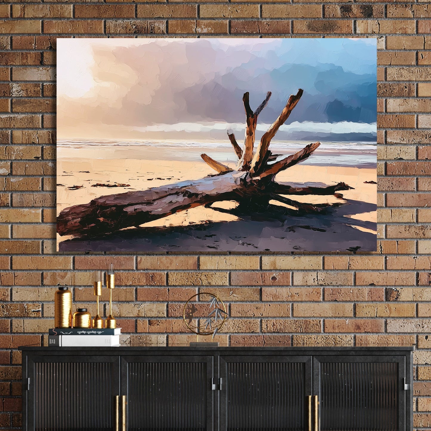 driftwood on beach at sunset wall art with stormy sky and ocean background