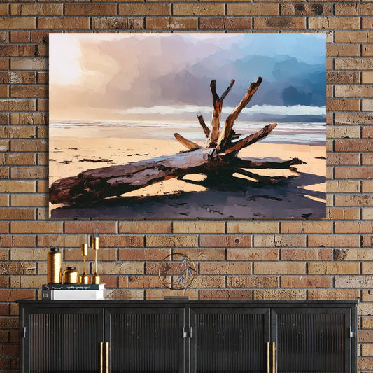 driftwood on beach at sunset wall art with stormy sky and ocean background