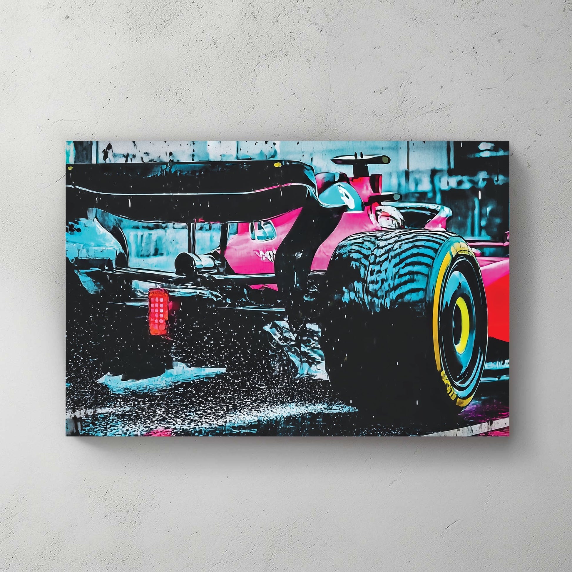 ferrari f1 race car wall art speeding in the rain with water spray and reflections
