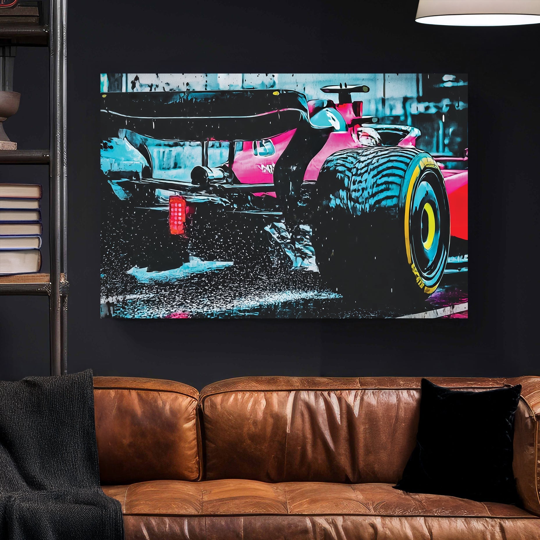 ferrari f1 race car wall art speeding in the rain with water spray and reflections