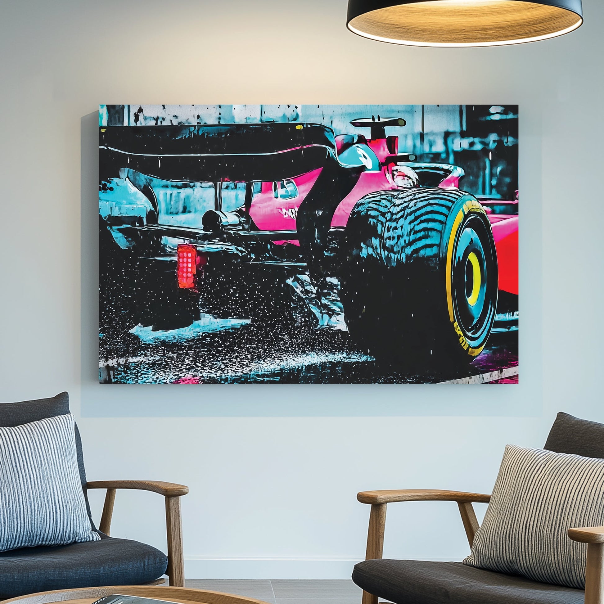 ferrari f1 race car wall art speeding in the rain with water spray and reflections