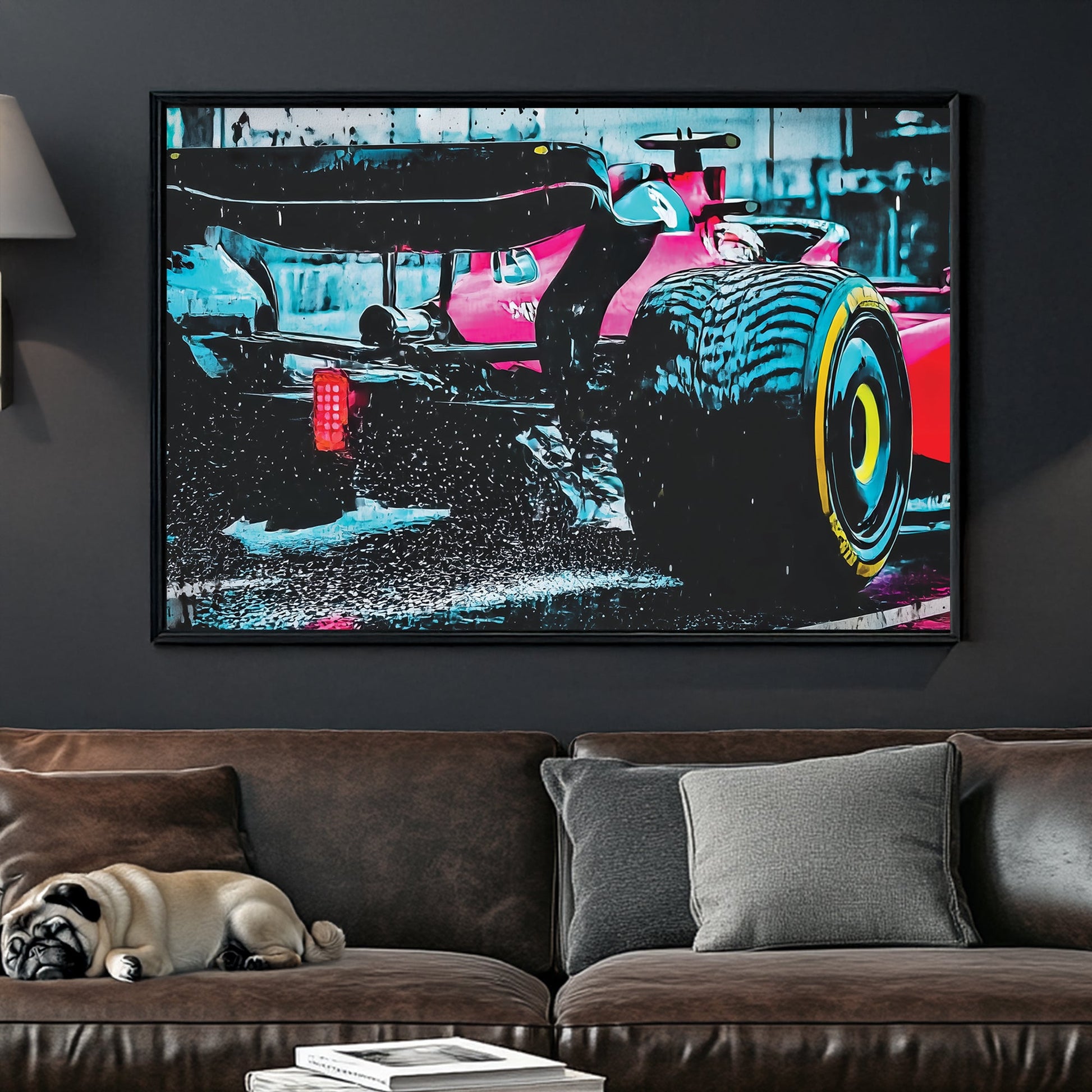 ferrari f1 race car wall art speeding in the rain with water spray and reflections