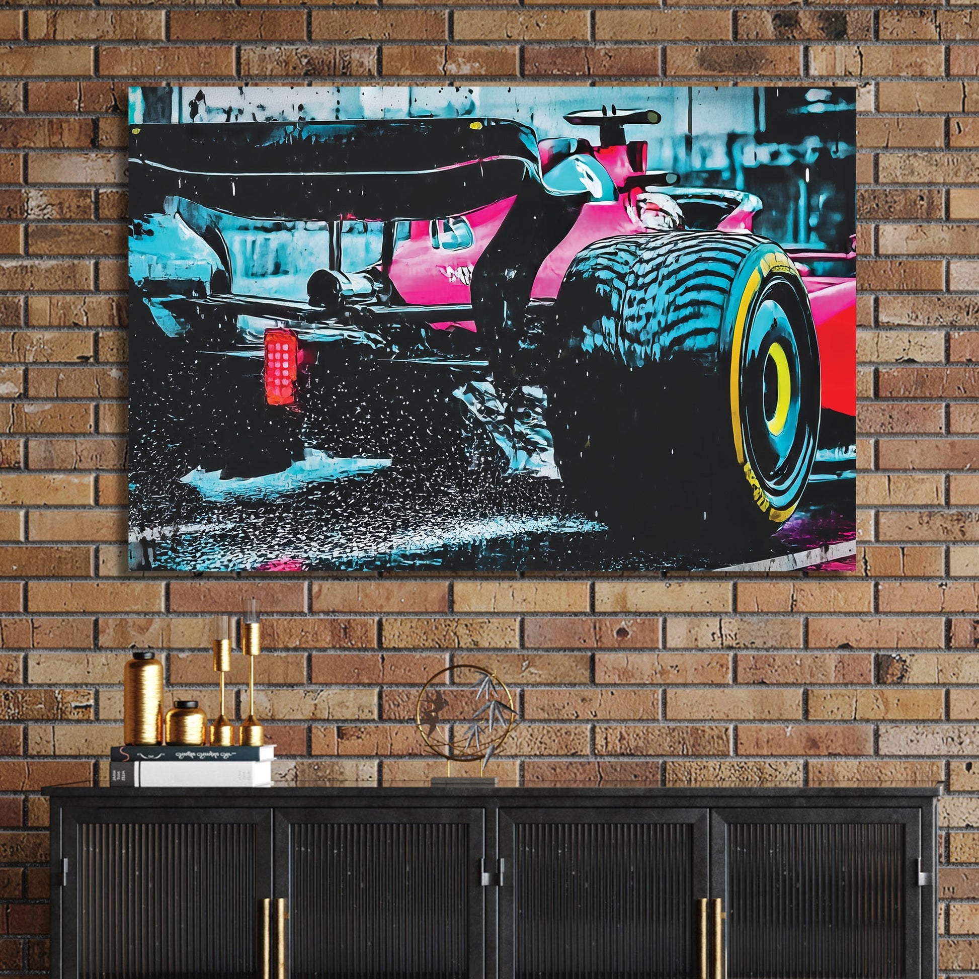 ferrari f1 race car wall art speeding in the rain with water spray and reflections