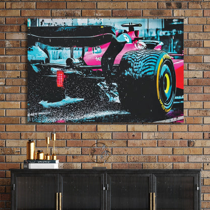 ferrari f1 race car wall art speeding in the rain with water spray and reflections