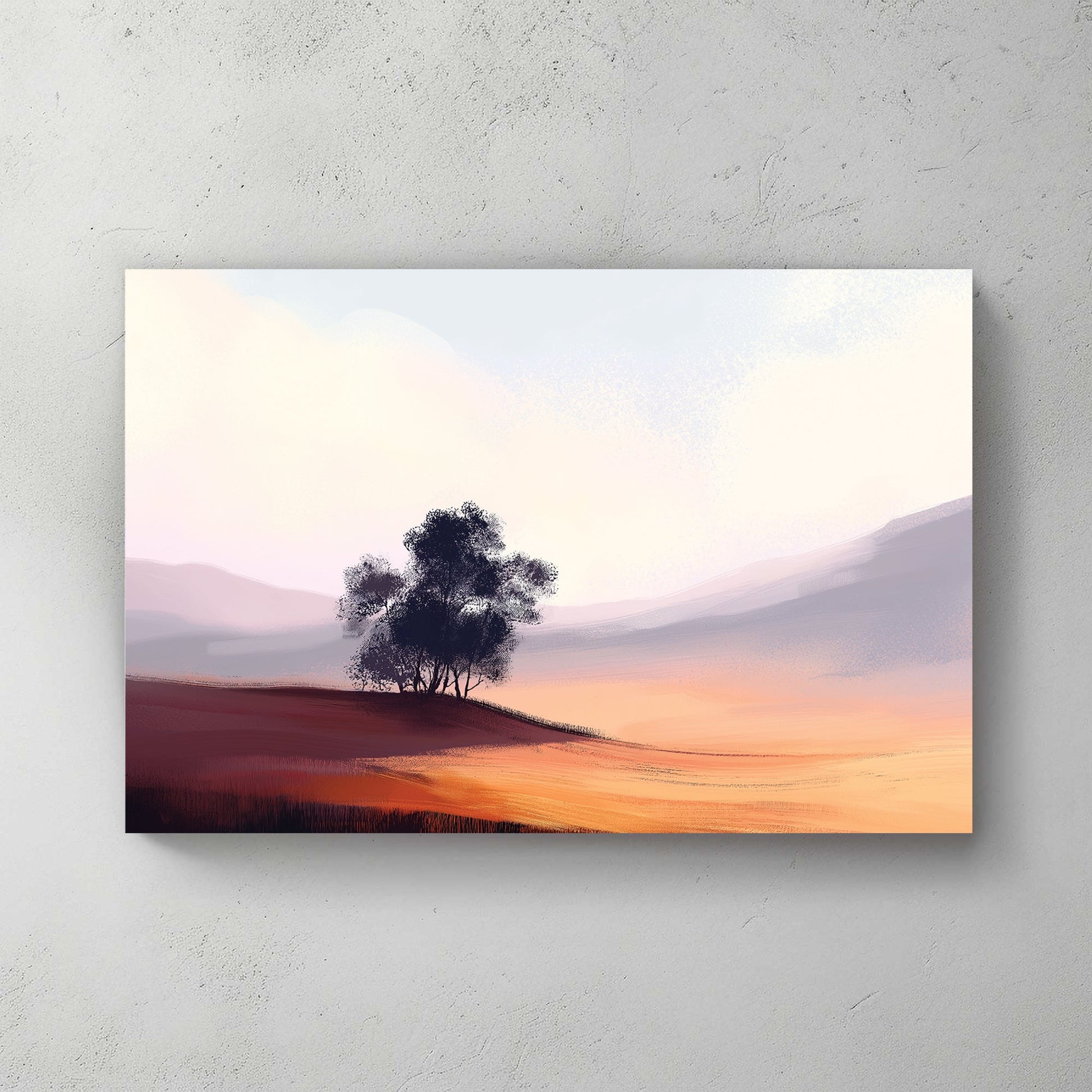 minimal landscape wall art with trees and soft sunset hills