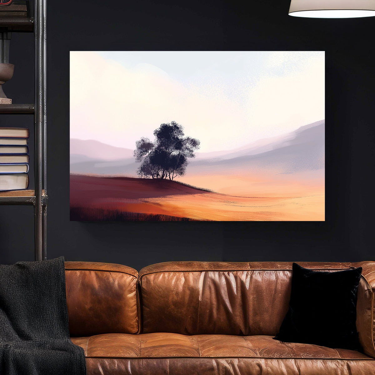 minimal landscape wall art with trees and soft sunset hills