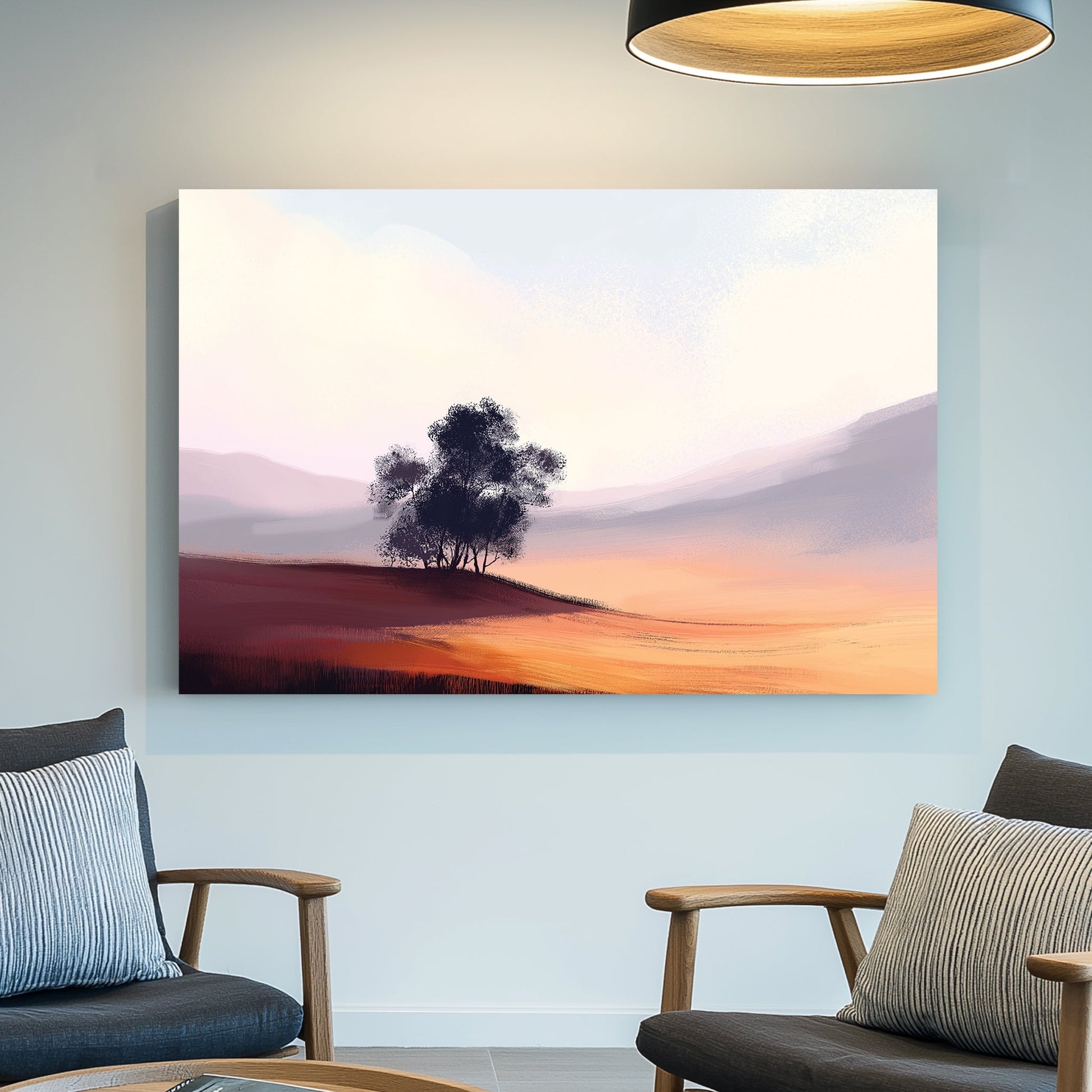 minimal landscape wall art with trees and soft sunset hills