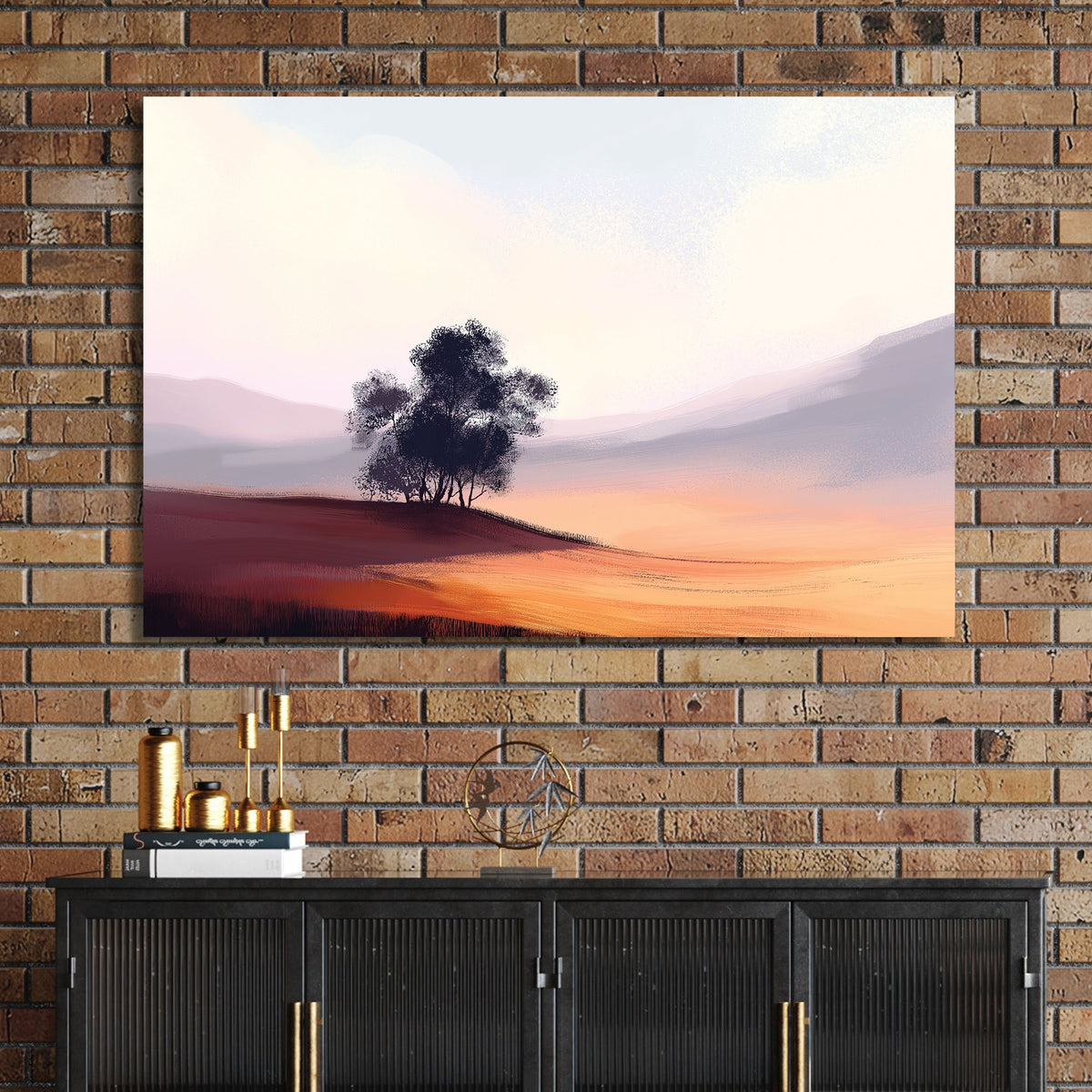minimal landscape wall art with trees and soft sunset hills