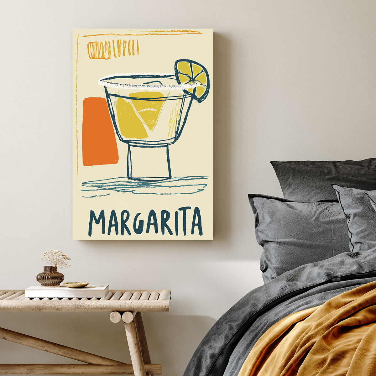 retro margarita cocktail wall art with lime wedge and bold sketch style