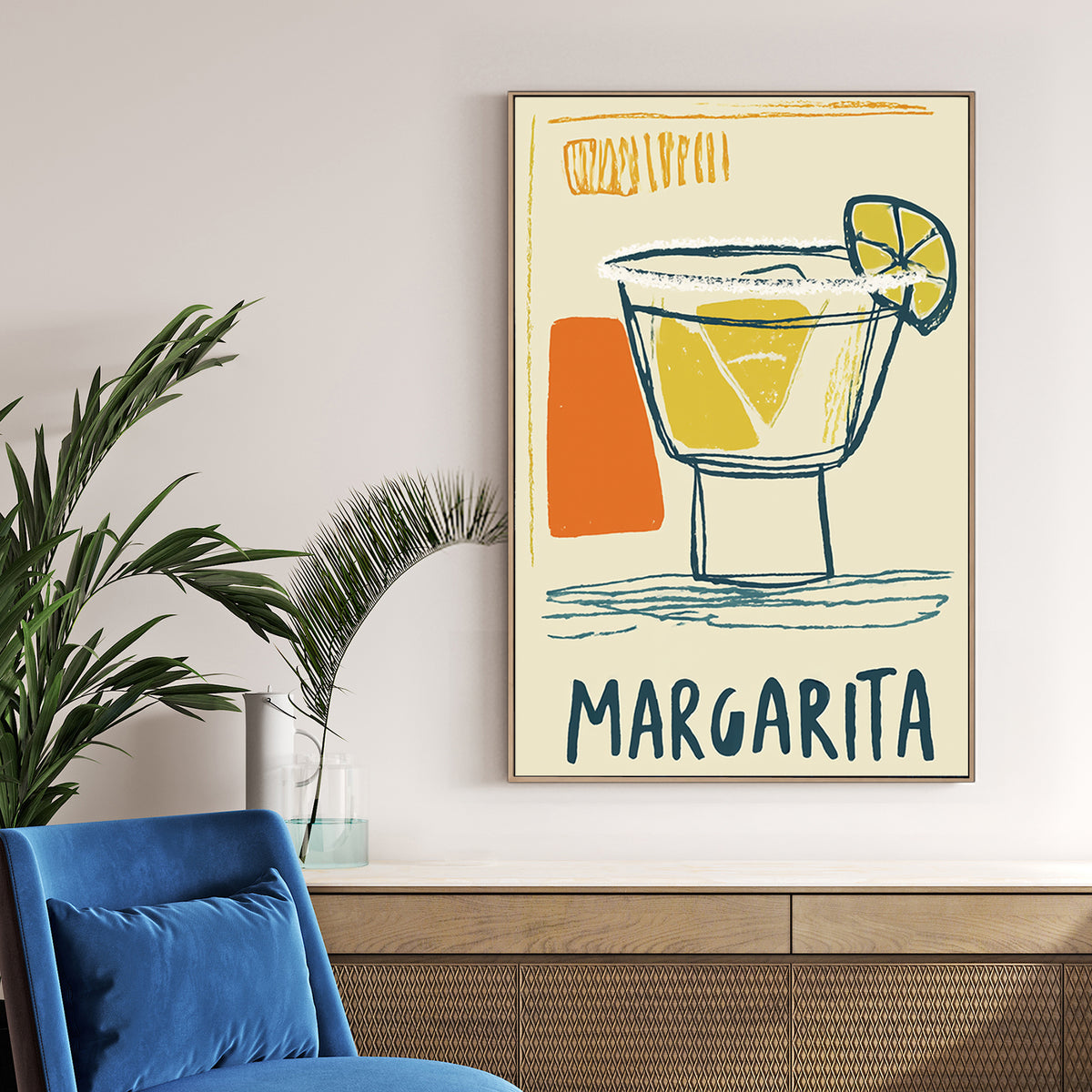 retro margarita cocktail wall art with lime wedge and bold sketch style