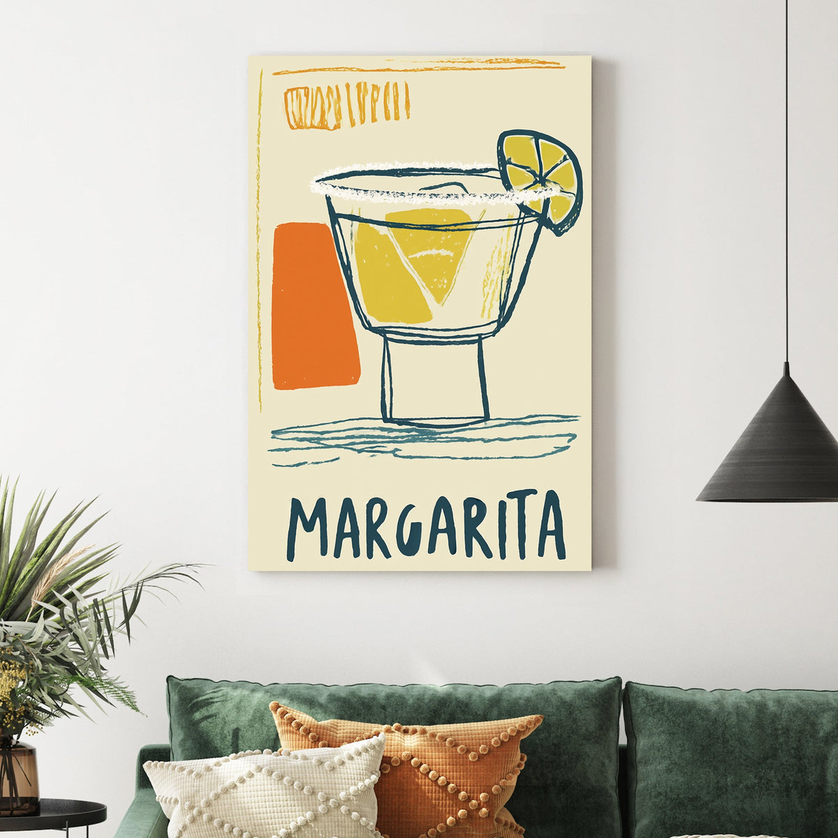 retro margarita cocktail wall art with lime wedge and bold sketch style