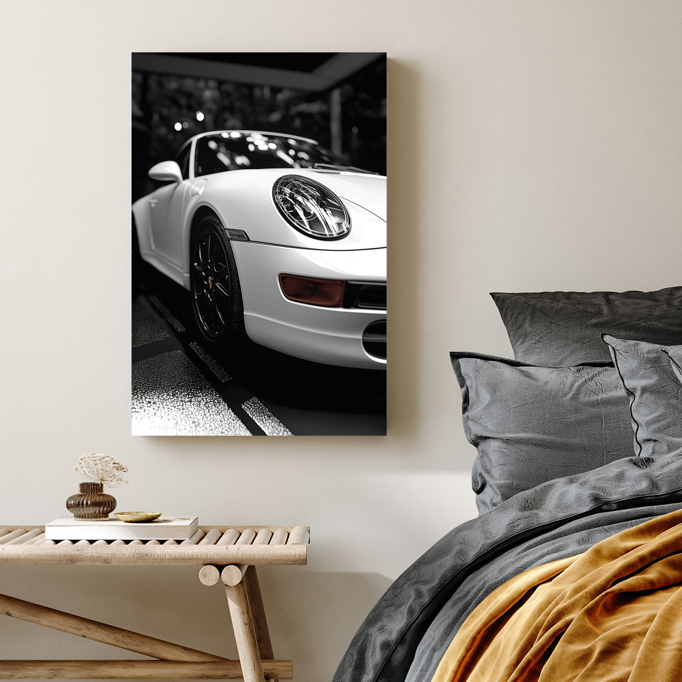 black and white Porsche wall art with dramatic showroom lighting